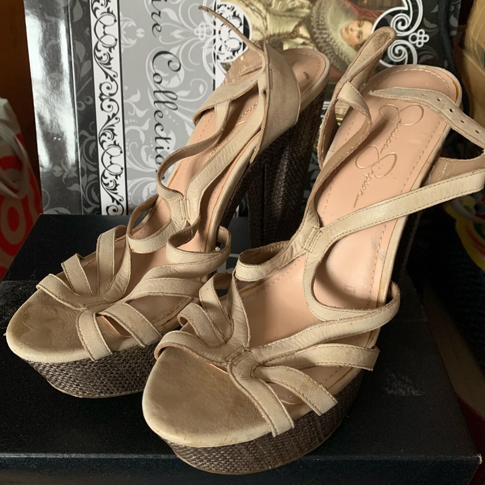 Jessica Simpson Tan Suede Strappy Platform Wedge Sandals, size 9 B (39).